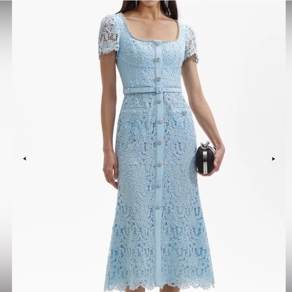 Self-Portrait Light Blue Lace Midi Dress with Button Front